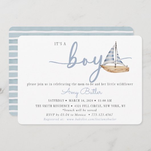 Blue Baby Shower Invitation with Sailboat & Stripe 招待状 (正面/裏面)