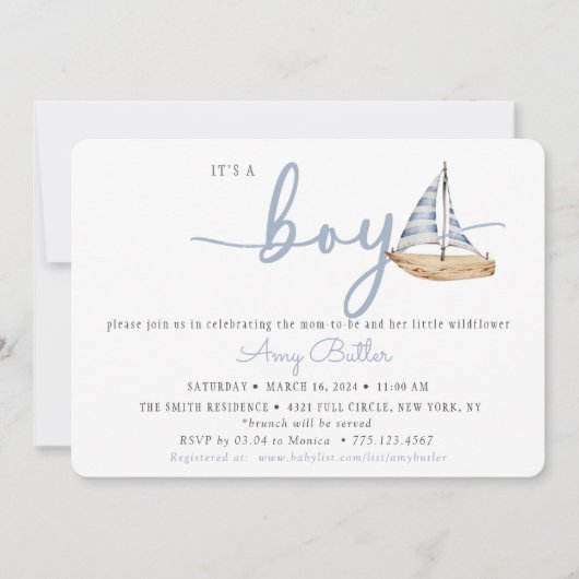 Blue Baby Shower Invitation with Sailboat & Stripe 招待状 (正面)