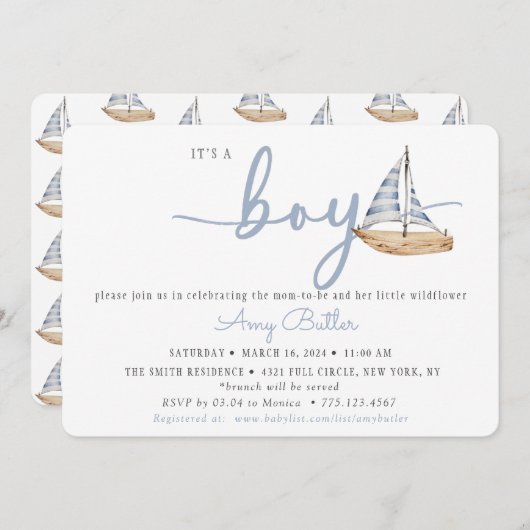 Blue Baby Shower Invitation with Sailboats 招待状 (正面/裏面)