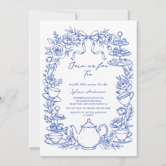 blue baby shower tea bow Hand Drawn coquette 招待状 (正面)