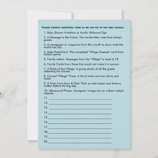 Blue Baby Shower Time Capsule Sugestion Checklist 招待状 (裏面)