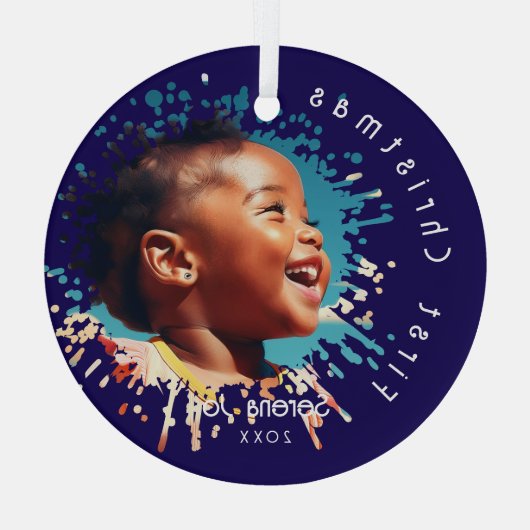 Blue Baby's First Christmas Splatter Pattern  ガラスオーナメント (裏面)