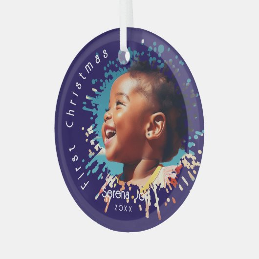 Blue Baby's First Christmas Splatter Pattern  ガラスオーナメント (正面左)