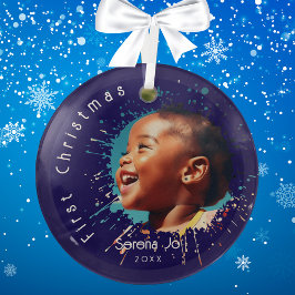 Blue Baby's First Christmas Splatter Pattern  ガラスオーナメント