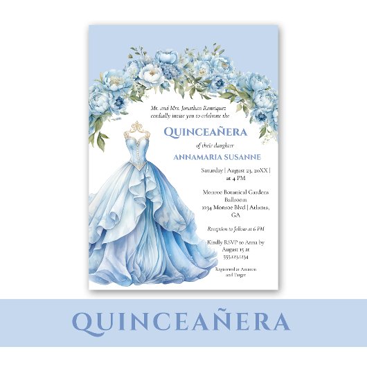 Blue Ball Gown Blue Floral Quinceañera | 招待状