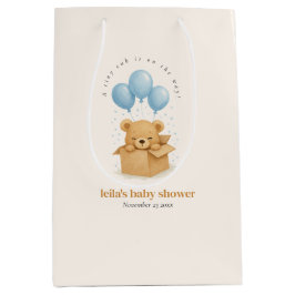 Blue Balloon Bear Watercolor Baby Shower ミディアムペーパーバッグ