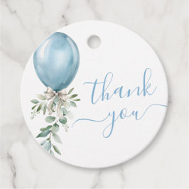 Blue Balloon Bow Greenery Baby Shower Thank You フェイバータグ