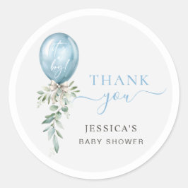Blue Balloon Bow Greenery Baby Shower Thank You ラウンドシール