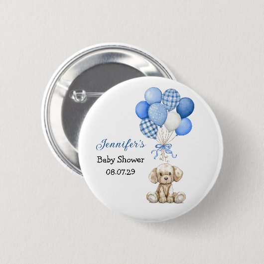 Blue Balloon Boy Baby Shower Button 缶バッジ (正面&裏面)