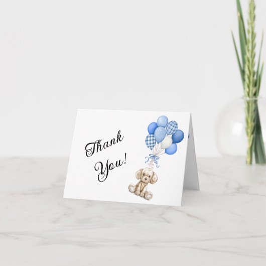 Blue Balloon Boy Baby Shower Folded Thank You Card サンキューカード (正面)