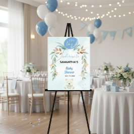 Blue balloon eucalyptus baby shower welcome sign ポスター