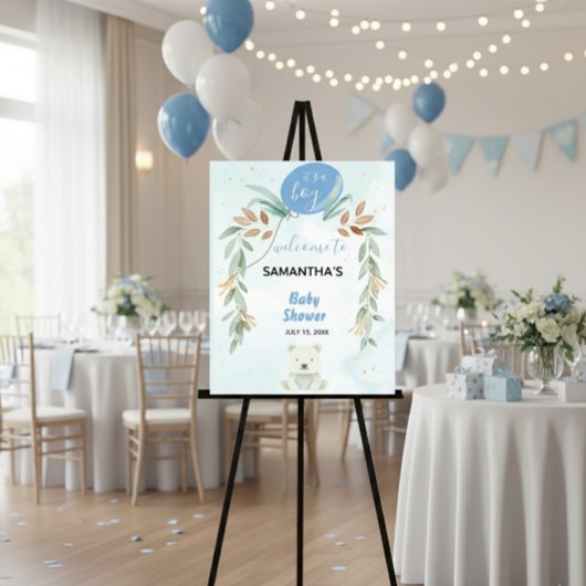 Blue balloon eucalyptus baby shower welcome sign ポスター