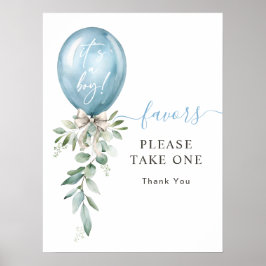 Blue Balloon Greenery Baby Shower Take One Favors ポスター