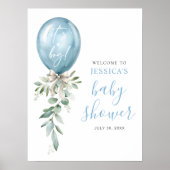 Blue Balloon Greenery Baby Shower Welcome ポスター (正面)