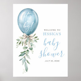 Blue Balloon Greenery Baby Shower Welcome ポスター