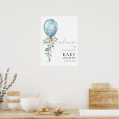 Blue Balloon Greenery Bow Baby Shower Welcome ポスター (キッチン)