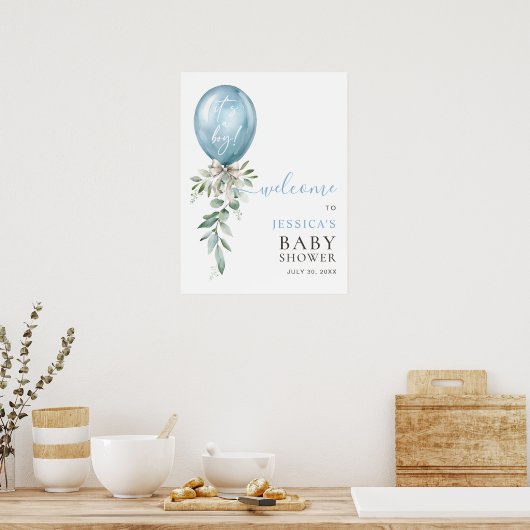 Blue Balloon Greenery Bow Baby Shower Welcome ポスター (キッチン)