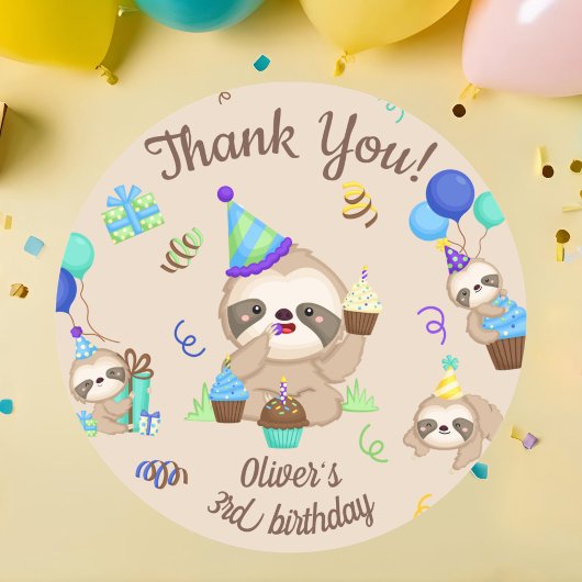 Blue Balloon Sloth Birthday Party Celebration ラウンドシール