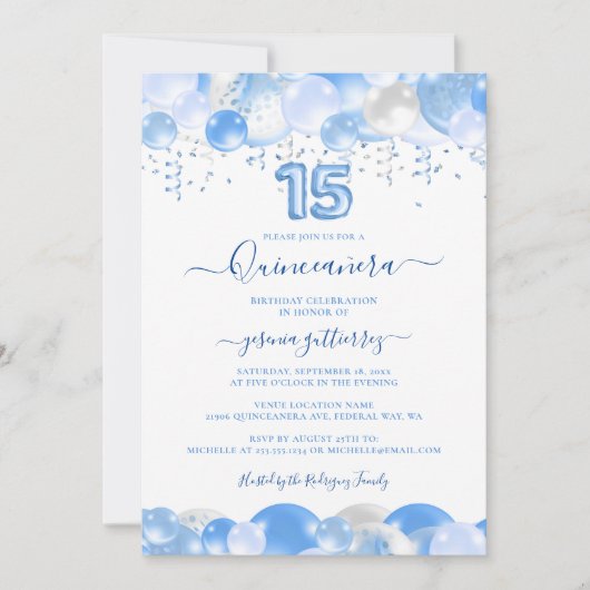 Blue Balloon Sparkle Quinceaenera写真 招待状 (正面)