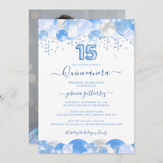 Blue Balloon Sparkle Quinceaenera写真 招待状 (正面/裏面)