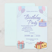 Blue Balloons and Gifts Birthday Invitation - Cust 招待状 (正面/裏面)