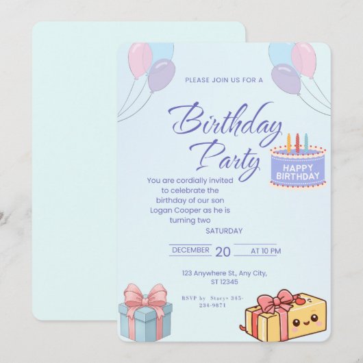 Blue Balloons and Gifts Birthday Invitation - Cust 招待状 (正面/裏面)