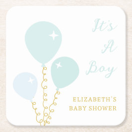Blue Balloons Boy Baby Shower スクエアペーパーコースター