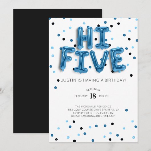 Blue Balloons | Hi Five 5歳の誕生日 招待状 (正面/裏面)