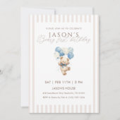 Blue Balloons Teddy Bear 1st Birthday 招待状 (正面)