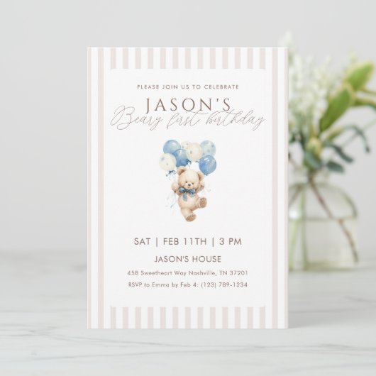 Blue Balloons Teddy Bear 1st Birthday 招待状 (スタンド正面)