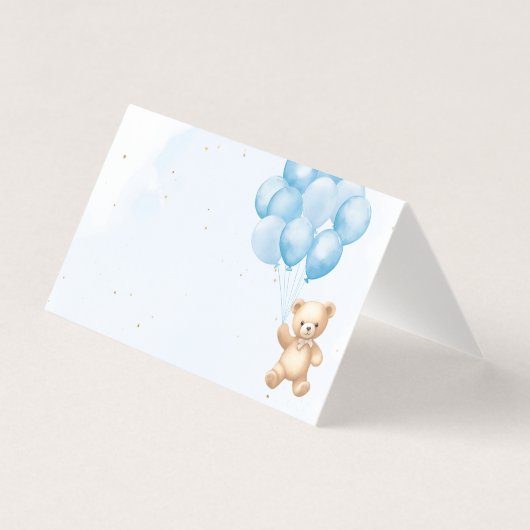 Blue balloons teddy bear baby shower place cards (正面)