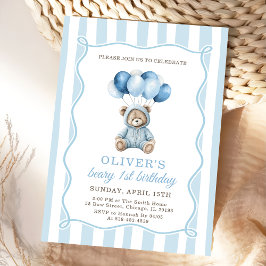 Blue Balloons Teddy Bear Birthday Invitation  招待状