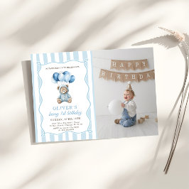 Blue Balloons Teddy Bear Birthday Invitation  招待状