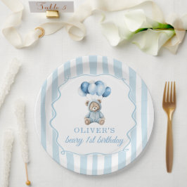 Blue Balloons Teddy Bear Birthday Paper Plate ペーパープレート