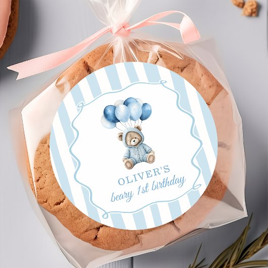 Blue Balloons Teddy Bear Birthday Sticker ラウンドシール