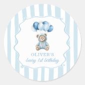 Blue Balloons Teddy Bear Birthday Sticker ラウンドシール (正面)