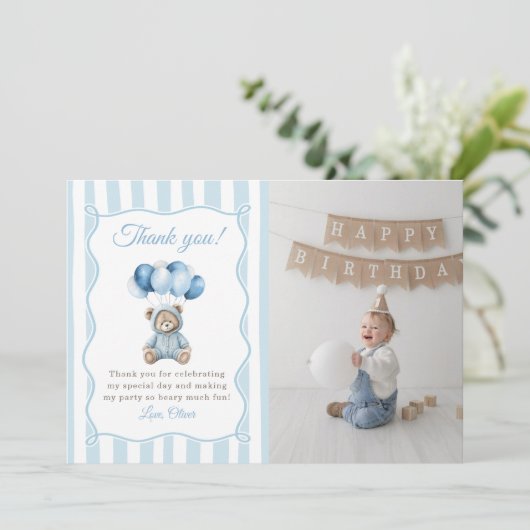 Blue Balloons Teddy Bear Birthday Thank You Card サンキューカード (スタンド正面)