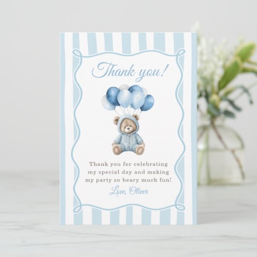 Blue Balloons Teddy Bear Birthday Thank You Card サンキューカード (スタンド正面)
