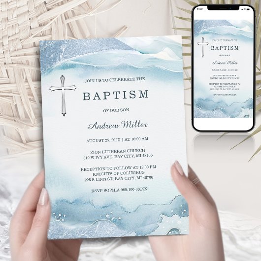 Blue Baptism Invitation with Cross | Printable 招待状