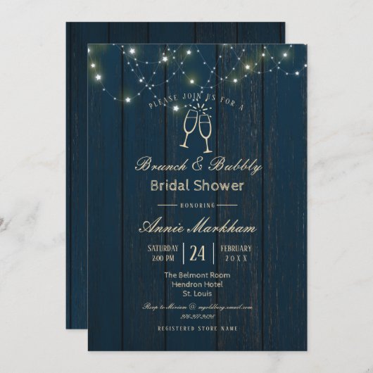 Blue Barn Board String Light Bubbly Shower 招待状 (正面/裏面)