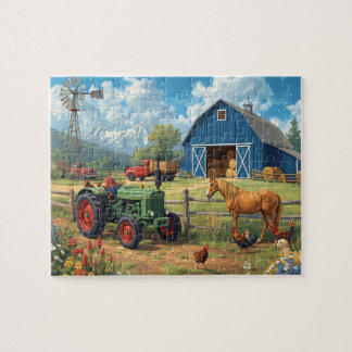 Blue Barn Tractor Horse Farm Mountain Scene ジグソーパズル
