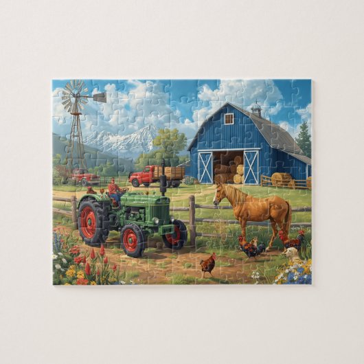 Blue Barn Tractor Horse Farm Mountain Scene ジグソーパズル (横)