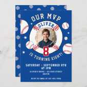 Blue Baseball Themed Kids Birthday Photo 招待状 (正面/裏面)