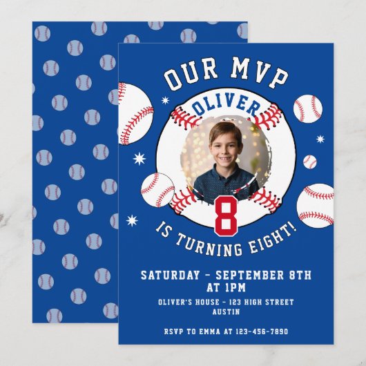 Blue Baseball Themed Kids Birthday Photo 招待状 (正面/裏面)