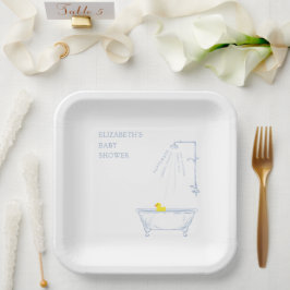 Blue Bathtub Yellow Duck Baby Shower Welcome ペーパープレート