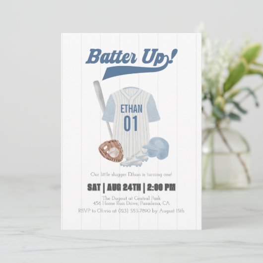 Blue Batter Up Baseball First Birthday Invitation 招待状 (スタンド正面)