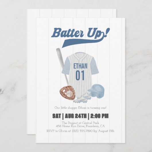 Blue Batter Up Baseball First Birthday Invitation 招待状 (正面/裏面)