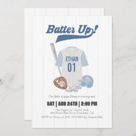 Blue Batter Up Baseball First Birthday Invitation 招待状