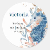  Blue Beach seahorse shell sea babyShower  ラウンドシール (正面)