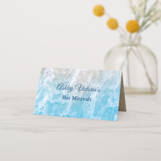 Blue Beach Waves Bat Mitzvah Folded プレイスカード (裏面)